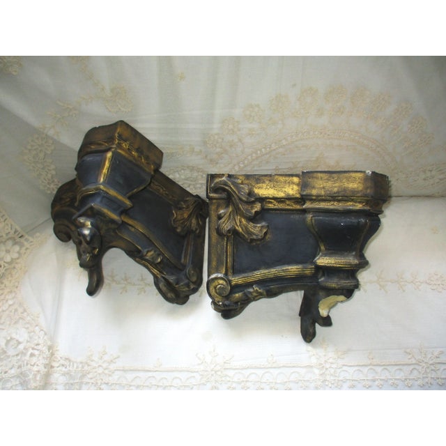 Vintage Ornate Louis XIV Style Acanthus Leaf Design Slate Blue & Gold Corbels- Set of 2 For Sale - Image 4 of 10