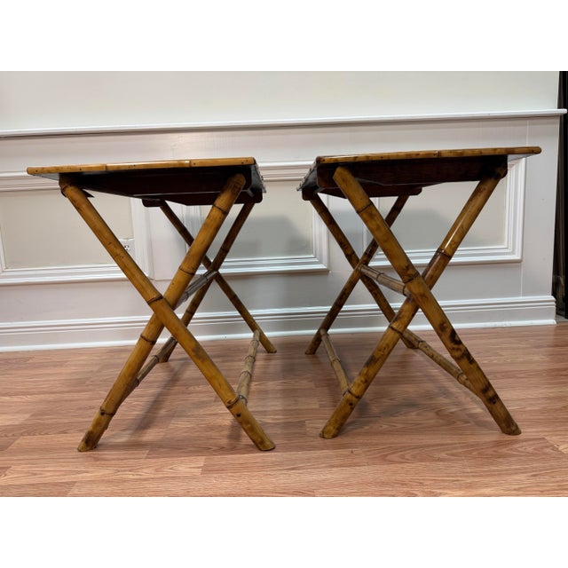 Wood Vintage Chic Bamboo Folding Tray Tables With Painted Monkey Motif - Pair For Sale - Image 7 of 8