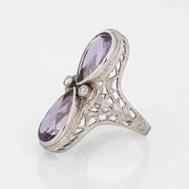 Vintage Art Deco Amethyst Diamond Ring Filigree 14k White Gold Elongated Pear 4 size 4 For Sale - Image 4 of 7