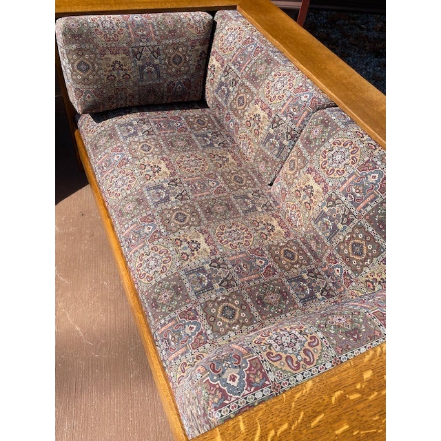 2000 - 2009 Pair of Stickley Furniture Wine/Blue Geometric Mission Prairie Oak Loveseats / Sofa's For Sale - Image 5 of 18