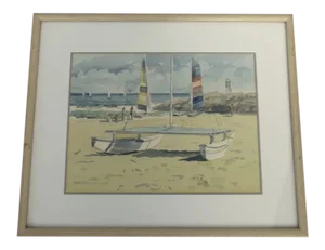 Mid 20th Century "Boats" Nautical Watercolor Painting by Miho Simunovic, Framed