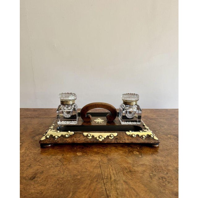Antique Victorian Burr Walnut and Brass Mounted Double Sided Desk Set, 1860, Set of 3 For Sale - Image 3 of 8