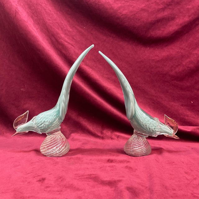 1970s Pair of 1970s Pheasant Birds in the Style of Murano Lite Blue and Gold Glass Figure Ex For Sale - Image 5 of 5