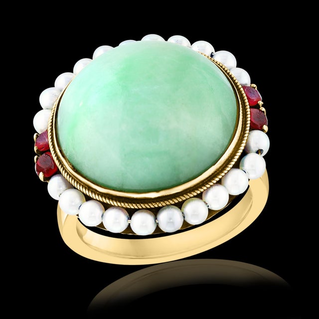 Vintage Natural Jade Earring & Ring Set + Natural Pearls, 14 K Yellow Gold 48 Gm For Sale - Image 13 of 18