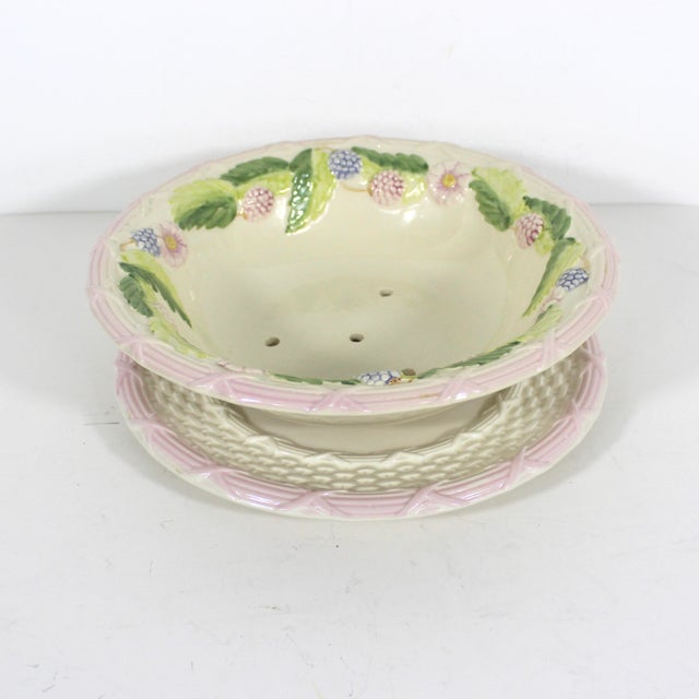 Vintage Ceramic French Majolica Colander or Berry Bowl With Drainage Platter for Draining, Holes, Fruit Strainer Serving Pink 2 Piece Set For Sale - Image 9 of 10