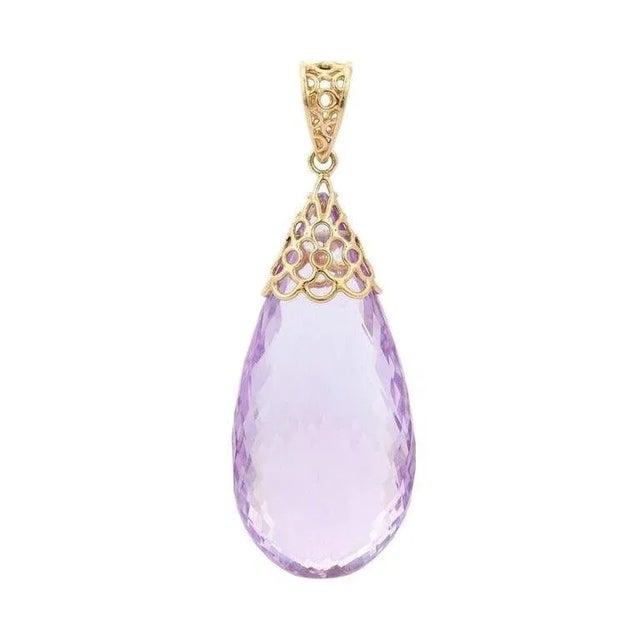 93.23 Carats Teardrop Amethyst Antique Pendant in 14k Solid Yellow Gold For Sale - Image 4 of 8