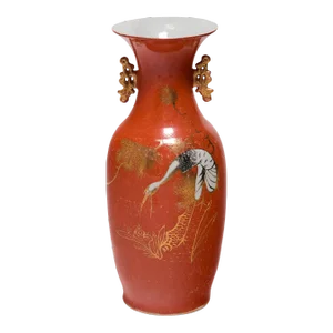 Chinese Deco Persimmon Phoenix Tail Vase With White Crane, Circa 1920