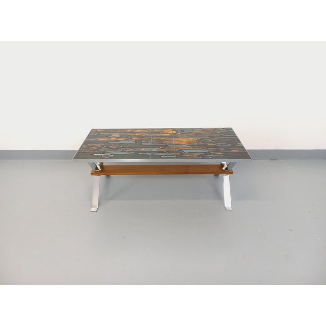 Vintage coffee table from the 1960s/70s, rectangular ceramic top with abstract patterns in shades of blue, blue-gray,...