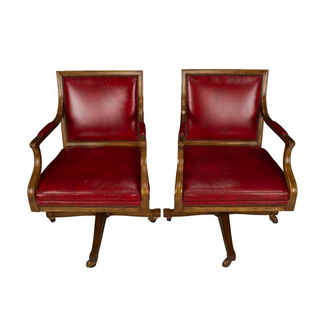 Neoclassical Pair of 1980s Baker Furniture Rolling Executive Chairs in Carved Wood & Burgundy Vinyl Upholstery For Sale - Image 3 of 18
