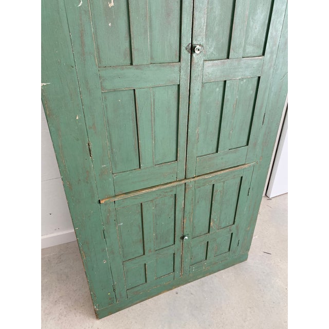 Green Primitive Painted Green Four Door Cabinet With Original Brass Sliding Lock For Sale - Image 8 of 18