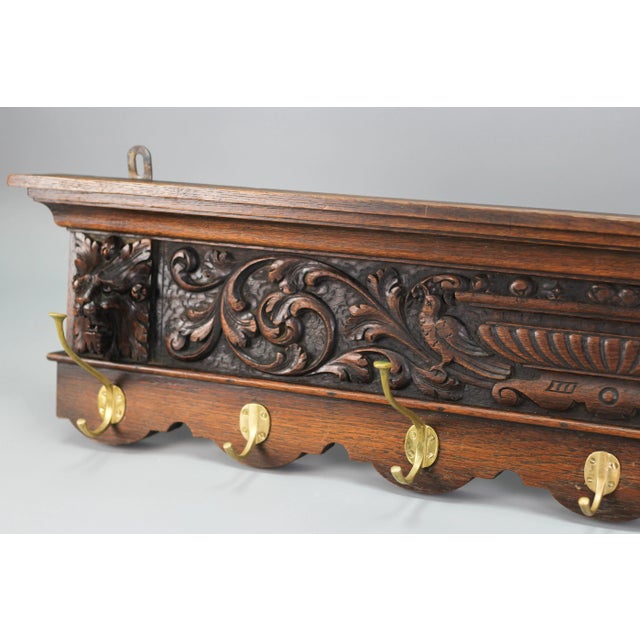 Antique French Hand-Carved Oak and Brass Wall Coat Rack with Lion Heads, 1900s For Sale - Image 3 of 18