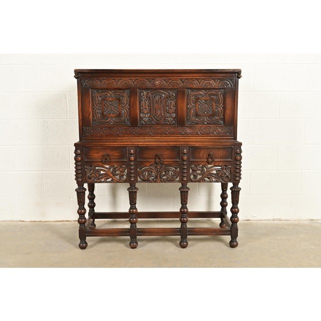 Lifetime Furniture Antique English Jacobean Carved Oak Drop Front Secretary Desk, Circa 1920s For Sale - Image 16 of 16