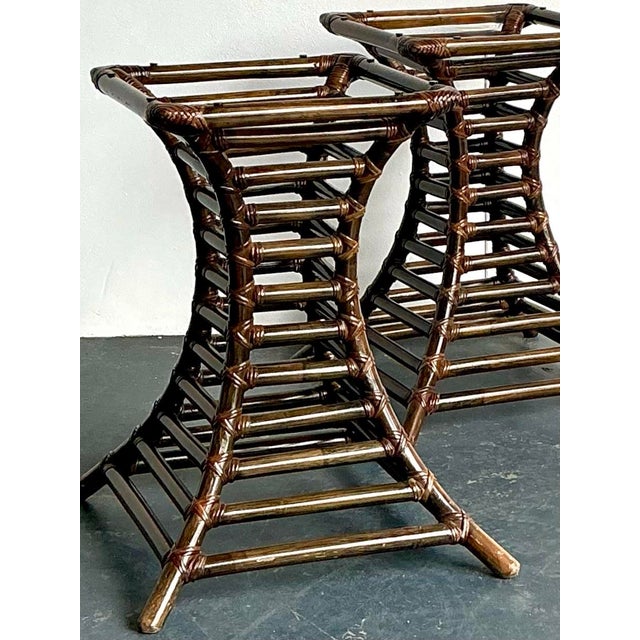 Wood Vintage Boho Willow and Reed Stacked Rattan Table Pedestals - A Pair For Sale - Image 7 of 12
