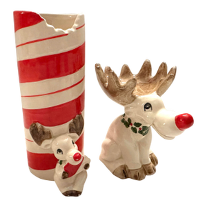 Fitz & Floyd "Rudolph" Votive Candle Holder & Match Holder W/Strike Set of 2