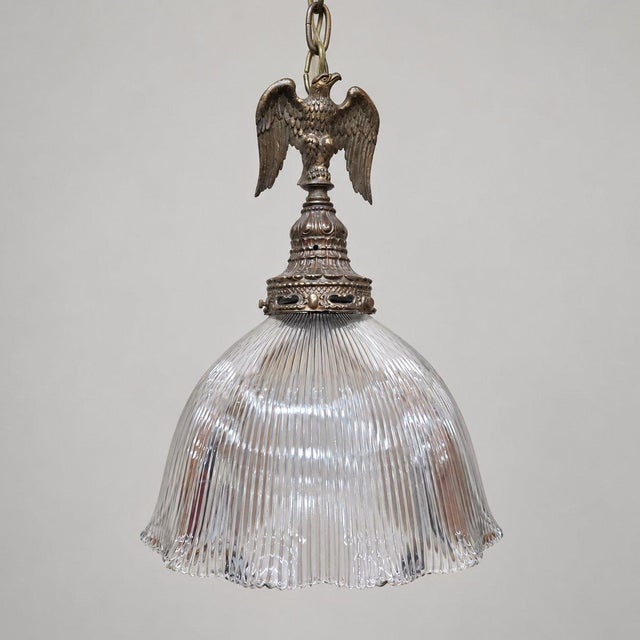 An eagle-topped pendant light with a clear ribbed glass shade and richly aged metal patina. I upcycled this hanging...