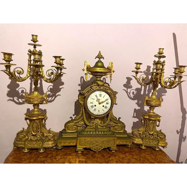 Metal 19th Century French Napoleon III Ormolu Table/Mantle Clock With Candelabras - 3 Piece Set For Sale - Image 7 of 12