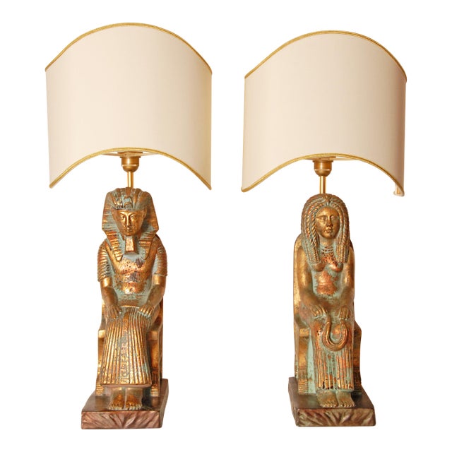 Vintage Italian Lamps Ceramic Figural Table Lamps King Tut and Cleopatra - A Pair For Sale