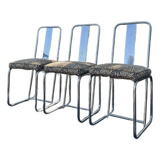 1960s Set of 3 François Arnal for Atelier a Chrome Side Chairs With Custom Animal Print Upholstery For Sale