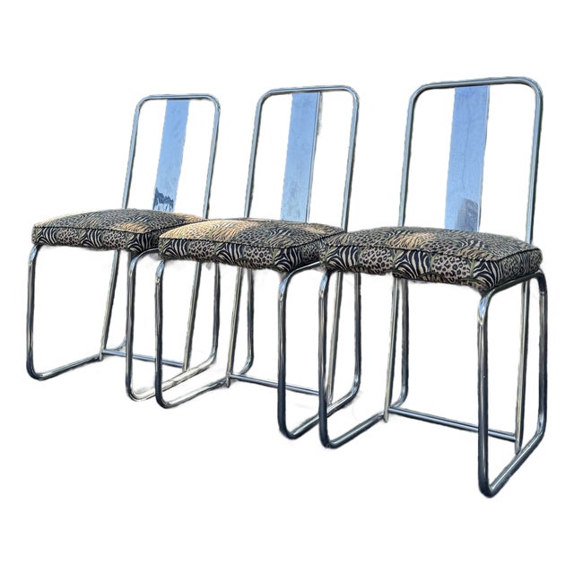 1960s Set of 3 François Arnal for Atelier a Chrome Side Chairs With Custom Animal Print Upholstery For Sale