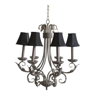 Large Hollywood Regency Acanthus Leaf Bronze Finish Patina 6 Light Candeliere Hanging Light Fixture With Shades For Sale