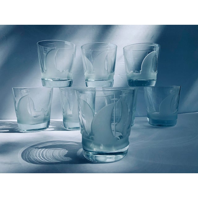 Vintage Etched Sailboat Transparent Crystal Cocktail Lowball Glasses, in the 'Artel Style'- Set of 8 For Sale In San Antonio - Image 6 of 12
