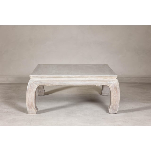 Asian Teak Ming Style Whitewash Coffee Table with Chow Legs and Carved Apron For Sale - Image 3 of 12