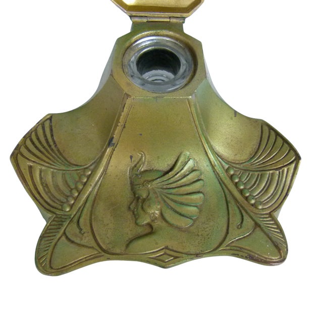 Antique Art Nouveau Brass Inkwell With Original Glass Liner . Jugendstil Desktop Decor . Early 1900s Goddess Motif For Sale - Image 9 of 11