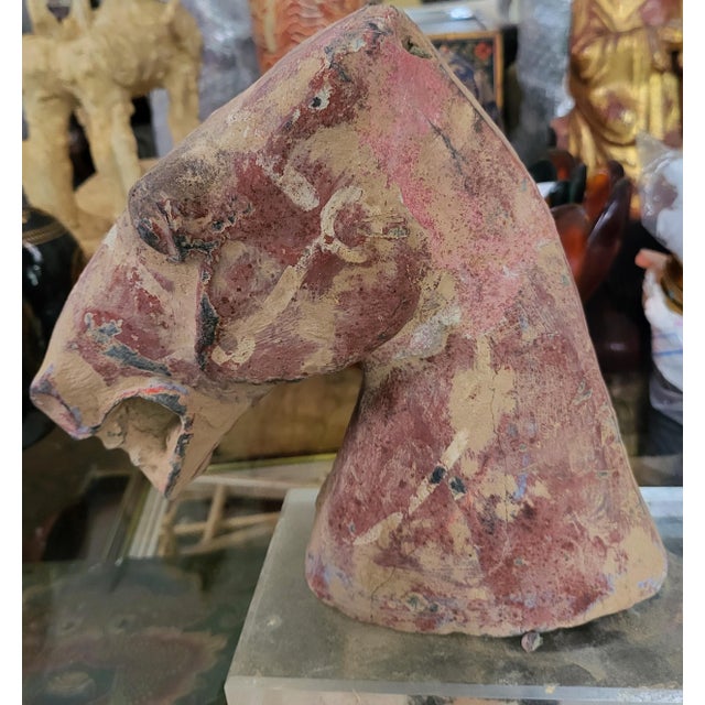 15th Century & Earlier Rare Chinese Han Dynasty Painted Pottery Horse HeadPeriod: Han Dynasty (206 Bce – 220 Ce) For Sale - Image 5 of 5
