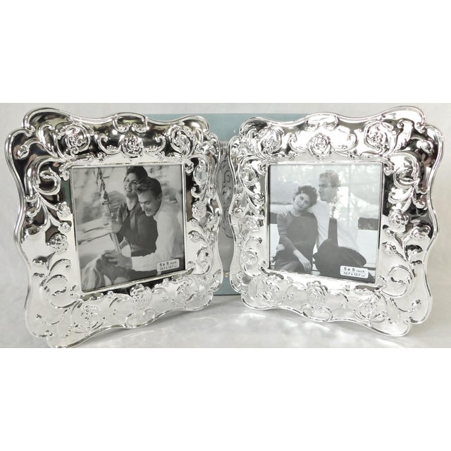 Vintage Elegant Silver-Plated Rose Velvet Back Double 5.5" Picture Frame - New Old Stock For Sale - Image 4 of 11