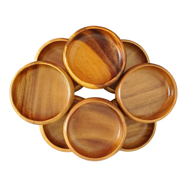 1960s Monkey Pod Wood Snack Bowls for Cocktail Hour- Set of 8 For Sale