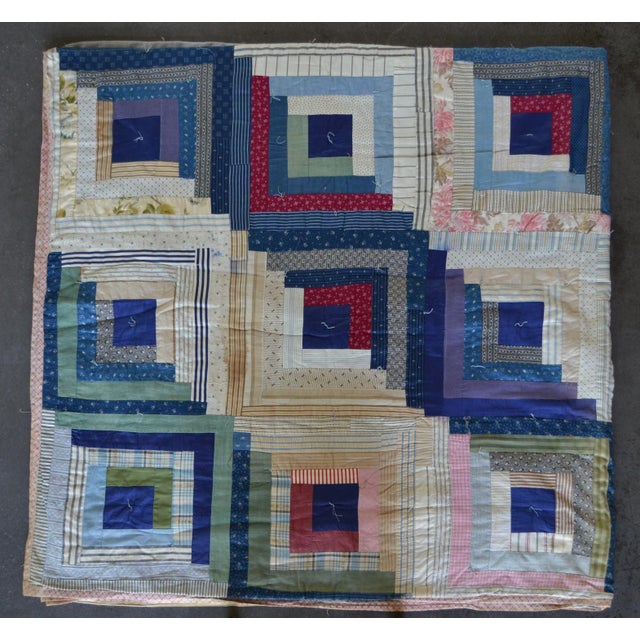 Early 20th Century Early Log Cabin Quilt With a "Barn Raising" Layout For Sale - Image 5 of 15