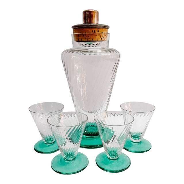 Mid 20th Century Art Deco Glass Cocktail / Martini Shaker Set With Teal Base For Sale