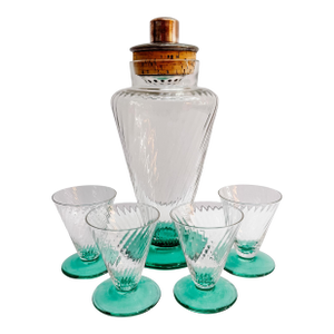 Mid 20th Century Art Deco Glass Cocktail / Martini Shaker Set With Teal Base