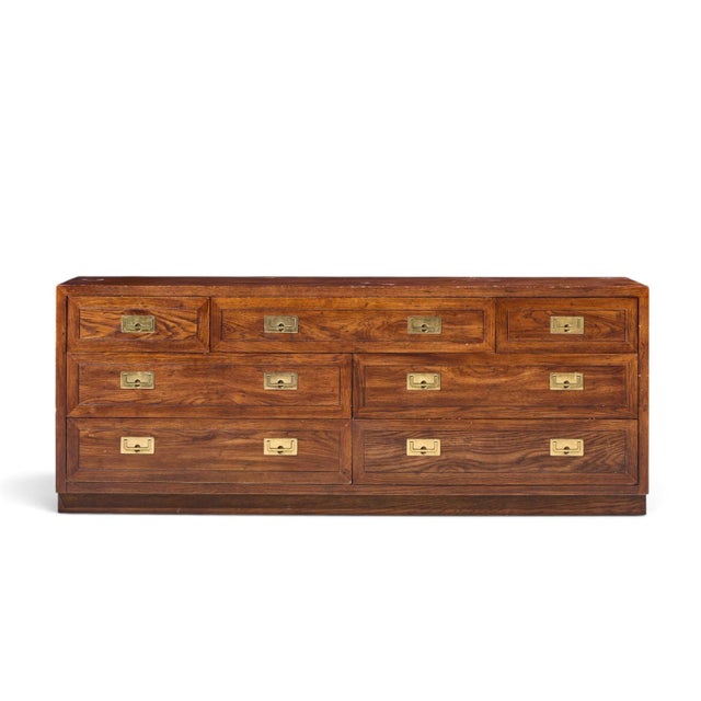 Henredon Campaign Mid Century Oak and Brass Lowboy Dresser This lowboy measures: 72 wide x 18 deep x 28.5 inches high...