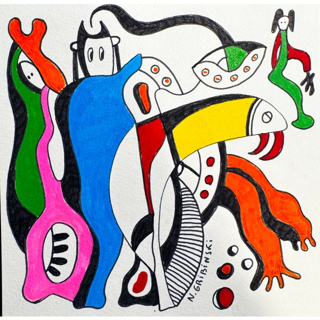 Winged Conversation — Nathalie Gribinski — Small Abstract Figurative Drawing (8 X 8 In, 2025) For Sale