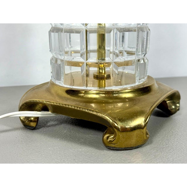 Large Signed Dresden Hand Cut Block Crystal and Brass Table Lamp 31 Inch Hollywood Regency For Sale - Image 13 of 14