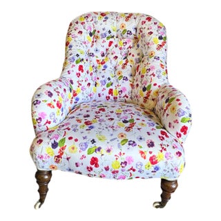 Antique French Napoleon III Tufted Club Chair in Vibrant Pansy Floral Upholstery For Sale