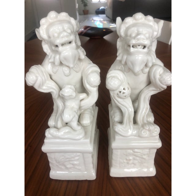 Mid-Century Vintage Blanc De Chine Ceramic Foo Dogs-Set of 2 For Sale - Image 4 of 12