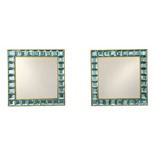 Handmade Aqua-Blue Murano Glass Cube Mirrors with Brass Frame, 2000s, Set of 2 For Sale