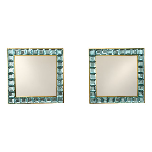 Handmade Aqua-Blue Murano Glass Cube Mirrors with Brass Frame, 2000s, Set of 2 For Sale