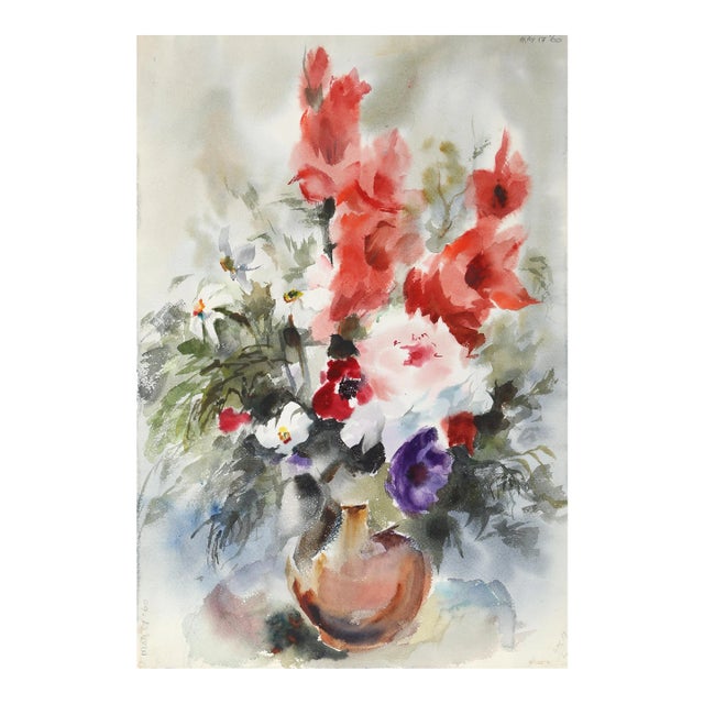 1960s "Flowers P5.55" Watercolor Painting by Eve Nethercott For Sale