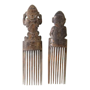 Two Fine Yaka Ornamental Figural Wood Combs Cisakulo West Africa