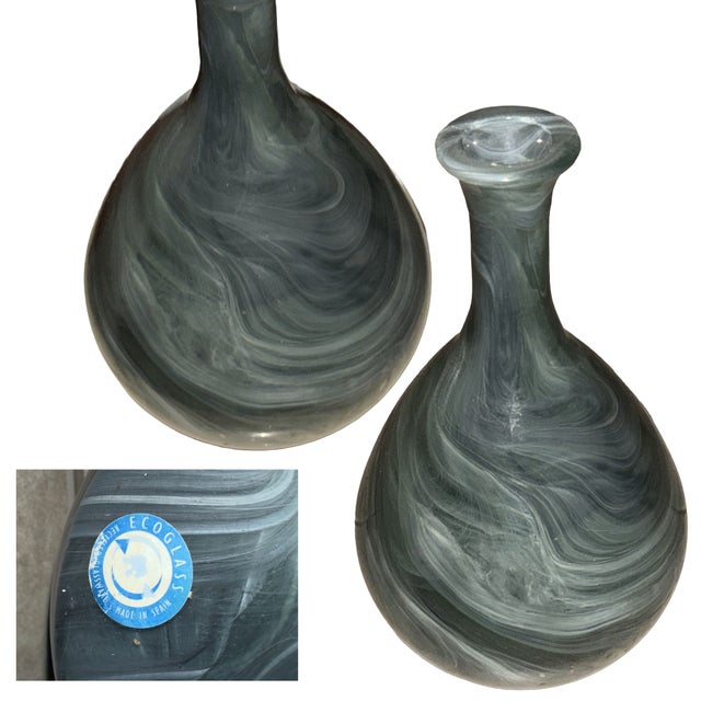 1970s Classic Mid-Century EcoGlass Smoky Swirled Hand Blown Glass Vase and Ruffled Rim Bowl Set, Made in Spain- 2 Pieces For Sale - Image 10 of 16