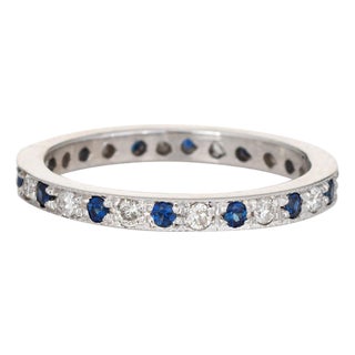 Diamond Sapphire Eternity Ring Size 4.75 Vintage 14k White Gold Band Fine Jewelry For Sale