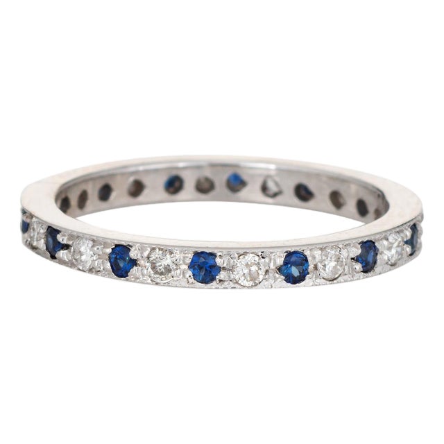 Diamond Sapphire Eternity Ring Size 4.75 Vintage 14k White Gold Band Fine Jewelry For Sale