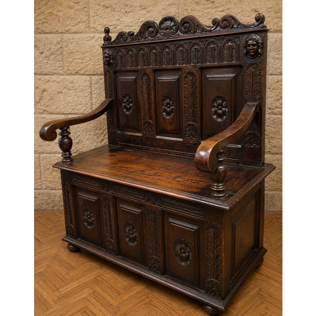 19th Century Renaissance Carved Wooden Storage Bench For Sale - Image 4 of 11