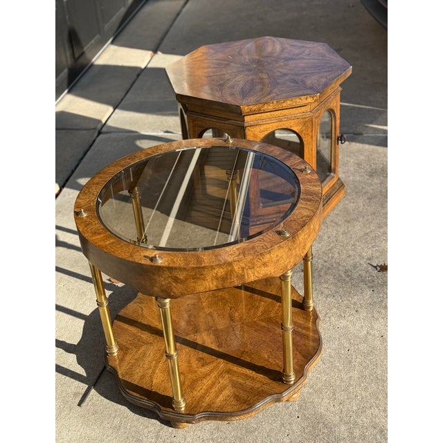 Vintage Burl Wood & Brass Accent Table Pair With Glass Top For Sale - Image 9 of 9