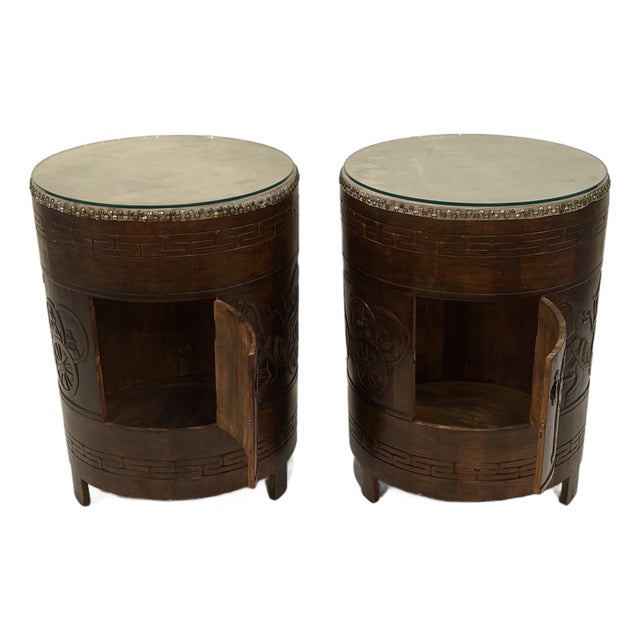 Carved Wood Drum End Tables -a Pair For Sale