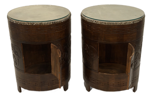 Carved Wood Drum End Tables -a Pair