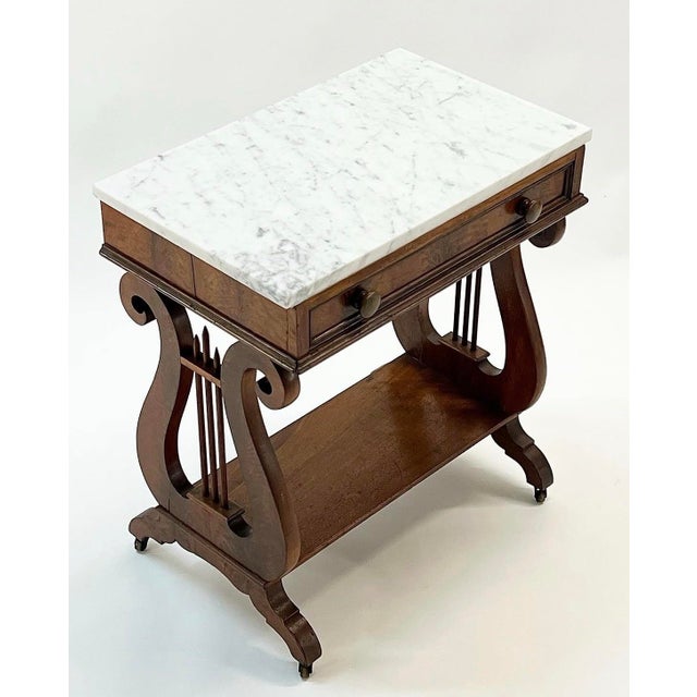 Traditional Antique Marble Top Mahogany Lyre Table For Sale - Image 3 of 12